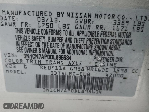 2013 Nissan Versa S with VIN 3N1CN7AP0DL895634, listed as a Copart auction lot 87633665 with 80,053 mi miles and Salvage title. Bid and sale history available at DreamBid. Image 13.