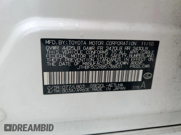 2011 Lexus IS 250 с VIN JTHBF5C2XB5138831, выставлен на аукционе Copart как лот 54870375 с пробегом 280 783 миль миль и Чистый • Clean title. История ставок и продаж доступна на DreamBid. Изображение 12.