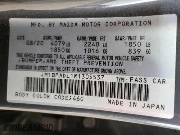 2021 Mazda 3 Premium with VIN JM1BPADL1M1305537, listed as a Copart auction lot 50722545 with 66,182 mi miles and Salvage title. Bid and sale history available at DreamBid. Image 15.