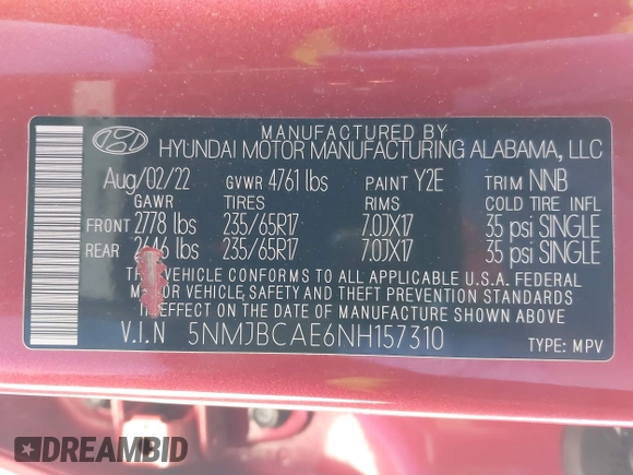 2022 Hyundai Tucson SEL z VIN 5NMJBCAE6NH157310, wystawiony jako IAAI lot #41938479 z przebiegiem 48 929 mil mil oraz . Historia ofert i sprzedaży dostępna na DreamBid. Obrazek 9.