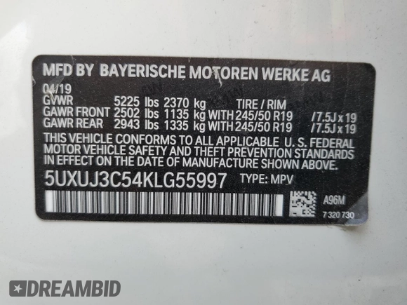 2019 BMW X4 xDrive30i with VIN 5UXUJ3C54KLG55997, listed as a Copart auction lot 47662375 with Not provided miles and Salvage title. Bid and sale history available at DreamBid. Image 13.
