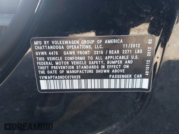 2013 Volkswagen Passat Wolfsburg Edition with VIN 1VWAP7A38DC070025, listed as a IAAI auction lot 41673451 with 107,693 mi miles. Bid and sale history available at carsss.com. Image 9.