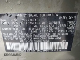 2017 Subaru Outback Limited with VIN 4S4BSENC2H3420805, listed as a IAAI auction lot 42130543 with 127,607 mi miles and . Bid and sale history available at DreamBid. Image 9.