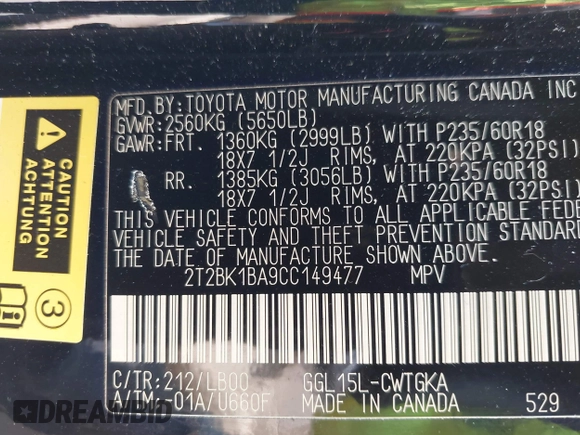2012 Lexus RX 350 с VIN 2T2BK1BA9CC149477, выставлен на аукционе IAAI как лот 42482447 с пробегом 181 450 миль миль и . История ставок и продаж доступна на DreamBid. Изображение 9.