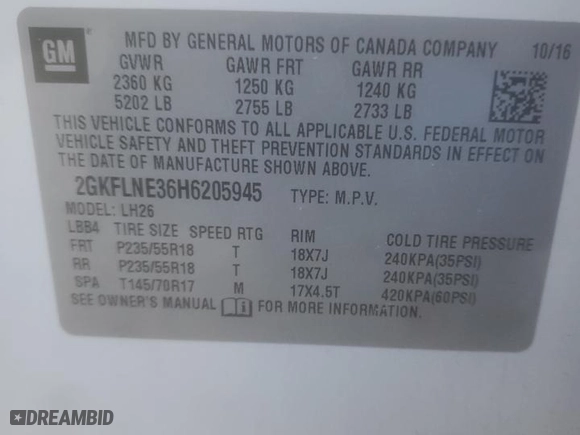 2017 GMC Terrain SLE with VIN 2GKFLNE36H6205945, listed as a Copart auction lot 42833745 with 121,014 mi miles and Salvage Title. Bid and sale history available at carsss.com. Image 13.