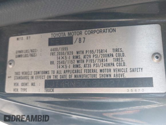 1987 Toyota Pickup with VIN JT4RN50R8H0277401, listed as a IAAI auction lot 42148719 with 239,923 mi miles and . Bid and sale history available at DreamBid. Image 9.