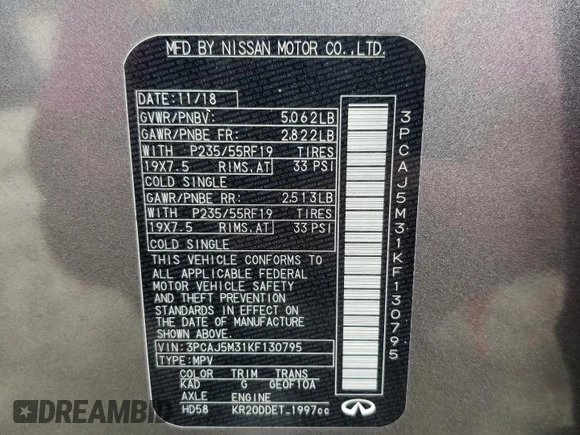 2019 Infiniti QX50 Luxe z VIN 3PCAJ5M31KF130795, wystawiony jako Copart lot #57424765 z przebiegiem 108 876 mil mil oraz Szkoda całkowita • Salvage title. Historia ofert i sprzedaży dostępna na DreamBid. Obrazek 13.