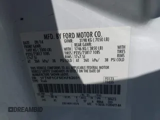 2014 Ford F-150 XL with VIN 1FTNF1CF5EKF62031, listed as a IAAI auction lot 41657632 with 216,689 mi miles and . Bid and sale history available at DreamBid. Image 9.