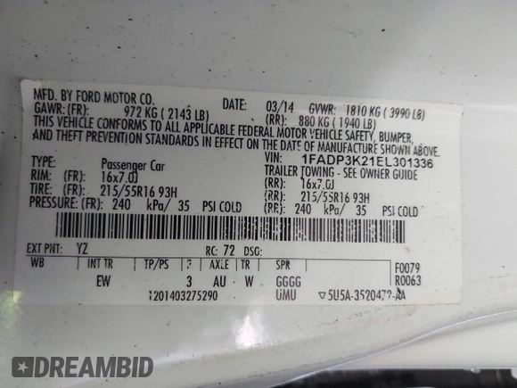 2014 Ford Focus SE with VIN 1FADP3K21EL301336, listed as a IAAI auction lot 41939452 with 118,203 mi miles. Bid and sale history available at carsss.com. Image 9.