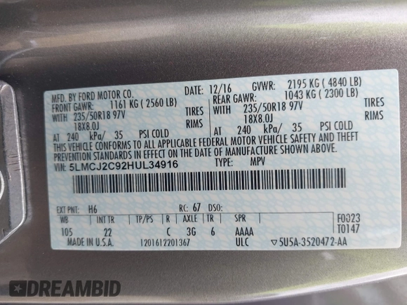2017 Lincoln MKC Select with VIN 5LMCJ2C92HUL34916, listed as a IAAI auction lot 42024355 with 34,242 mi miles and . Bid and sale history available at DreamBid. Image 9.