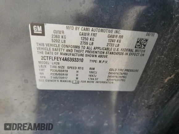 2010 GMC Terrain SLT-1 z VIN 2CTFLFEY4A6393310, wystawiony jako Copart lot #56307155 z przebiegiem 86 898 mil mil oraz Szkoda całkowita • Salvage title. Historia ofert i sprzedaży dostępna na DreamBid. Obrazek 12.