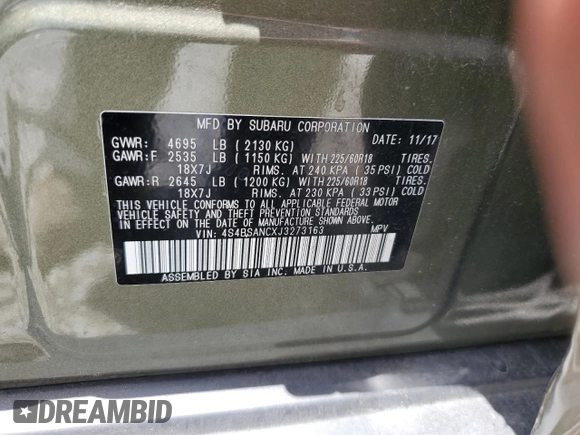2018 Subaru Outback Limited with VIN 4S4BSANCXJ3273163, listed as a Copart auction lot 60639445 with 68,261 mi miles and Salvage title. Bid and sale history available at DreamBid. Image 14.