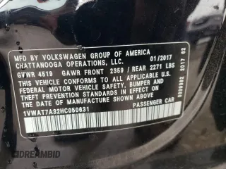 2017 Volkswagen Passat S с VIN 1VWAT7A32HC050631, выставлен на аукционе Copart как лот 56243335 с пробегом 102 795 миль миль и Списание • Salvage title. История ставок и продаж доступна на DreamBid. Изображение 12.