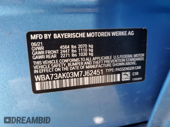 2021 BMW 2 Series 228i xDrive with VIN WBA73AK03M7J62451, listed as a Copart auction lot 63987195 with 11,294 mi miles and Salvage title. Bid and sale history available at DreamBid. Image 13.