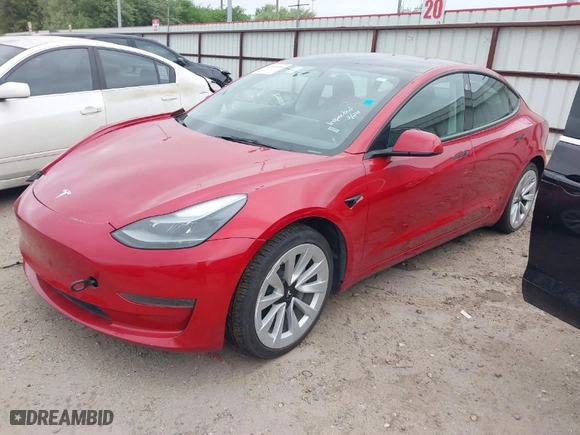 2023 Tesla Model 3 with VIN 5YJ3E1EAXPF447680, listed as a IAAI auction lot 41961496 with 37,589 mi miles. Bid and sale history available at carsss.com. Image 2.