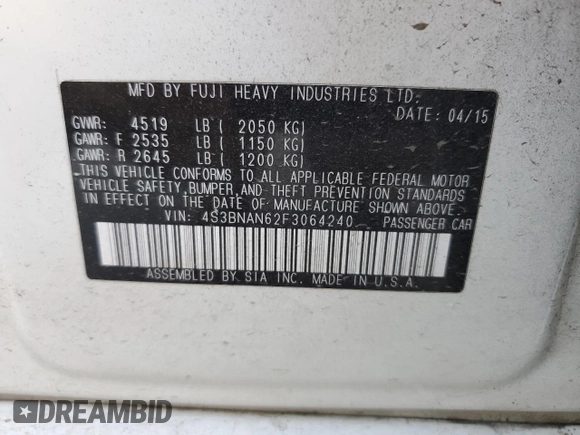 2015 Subaru Legacy 2.5i Limited with VIN 4S3BNAN62F3064240, listed as a Copart auction lot 61225063 with 105,216 mi miles. Bid and sale history available at carsss.com. Image 14.