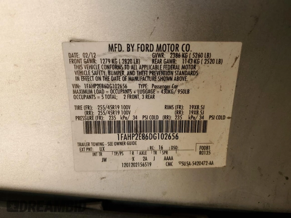 2013 Ford Taurus SEL with VIN 1FAHP2E86DG102656, listed as a Copart auction lot 50393805 with 212,804 mi miles and Clean Title. Bid and sale history available at carsss.com. Image 12.