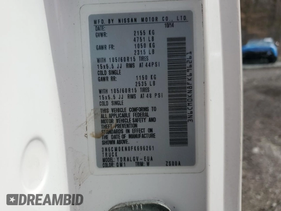 2015 Nissan NV200 S z VIN 3N6CM0KN8FK696261, wystawiony jako Copart lot #50001695 z przebiegiem Nie podano mil oraz Szkoda całkowita • Salvage title. Historia ofert i sprzedaży dostępna na DreamBid. Obrazek 13.
