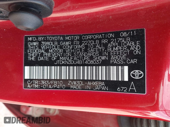 2011 Toyota Prius I with VIN JTDKN3DU4B1408037, listed as a IAAI auction lot 42145046 with 236,107 mi miles and . Bid and sale history available at DreamBid. Image 9.