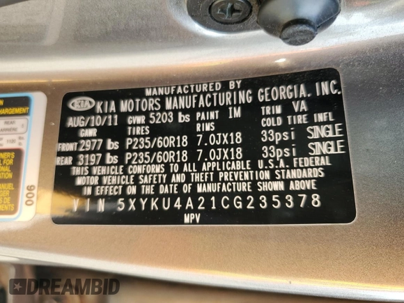 2012 Kia Sorento EX with VIN 5XYKU4A21CG235378, listed as a Copart auction lot 45337595 with 146,376 mi miles and Salvage Title. Bid and sale history available at carsss.com. Image 13.