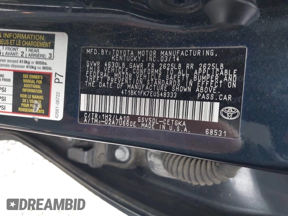 2014 Toyota Camry SE with VIN 4T1BK1FK7EU548333, listed as a IAAI auction lot 41598278 with 119,534 mi miles. Bid and sale history available at carsss.com. Image 9.