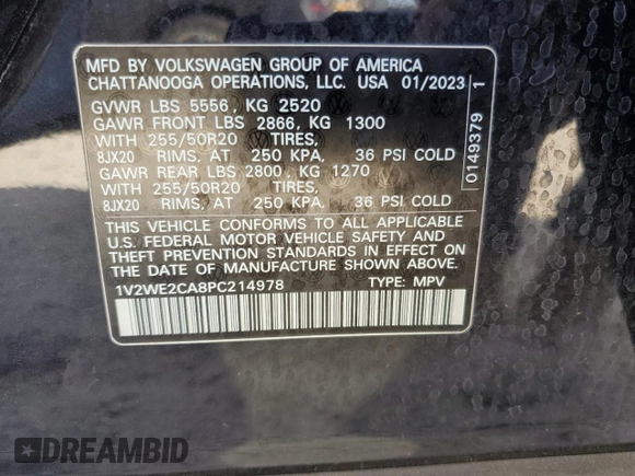 2023 Volkswagen Atlas SE z VIN 1V2WE2CA8PC214978, wystawiony jako Copart lot #77003984 z przebiegiem 6 926 mil mil oraz Nie do naprawy • Non repairable. Historia ofert i sprzedaży dostępna na DreamBid. Obrazek 13.