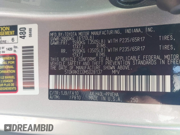 2021 Toyota Sienna LE с VIN 5TDKRKEC0MS028137, выставлен на аукционе IAAI как лот 41986511 с пробегом 76 918 миль миль и . История ставок и продаж доступна на DreamBid. Изображение 9.