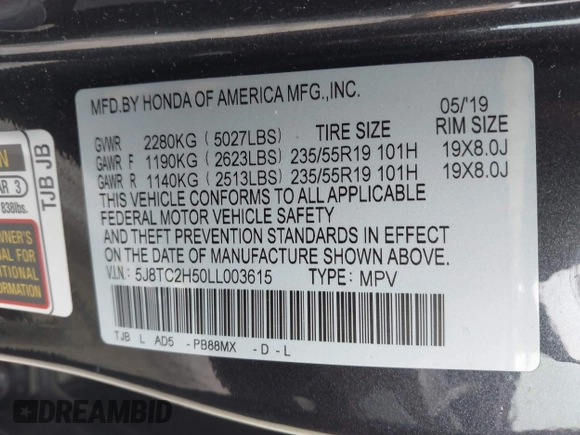 2020 Acura RDX Technology with VIN 5J8TC2H50LL003615, listed as a IAAI auction lot 41427217 with 61,952 mi miles and . Bid and sale history available at DreamBid. Image 9.