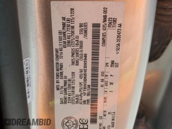 2017 Ford F-350 Platinum with VIN 1FT8W3B68HEB95946, listed as a Copart auction lot 46710265 with 180,914 mi miles and Salvage title. Bid and sale history available at DreamBid. Image 14.