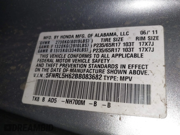 2011 Honda Odyssey EX-L with VIN 5FNRL5H62BB083682, listed as a IAAI auction lot 41425267 with 169,166 mi miles and . Bid and sale history available at carsss.com. Image 9.