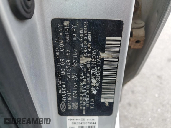 2013 Hyundai Accent SE z VIN KMHCU5AE2DU118005, wystawiony jako Copart lot #57415595 z przebiegiem 123 865 mil mil oraz Czysty tytuł • Clean title. Historia ofert i sprzedaży dostępna na DreamBid. Obrazek 12.