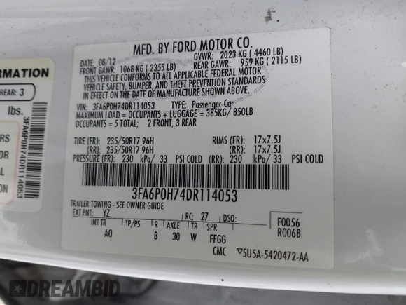 2013 Ford Fusion SE with VIN 3FA6P0H74DR114053, listed as a IAAI auction lot 41510376 with 204,664 mi miles and . Bid and sale history available at carsss.com. Image 9.
