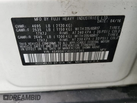 2016 Subaru Outback Premium with VIN 4S4BSAFC4G3337365, listed as a Copart auction lot 63938065 with 111,230 mi miles and Salvage title. Bid and sale history available at DreamBid. Image 13.