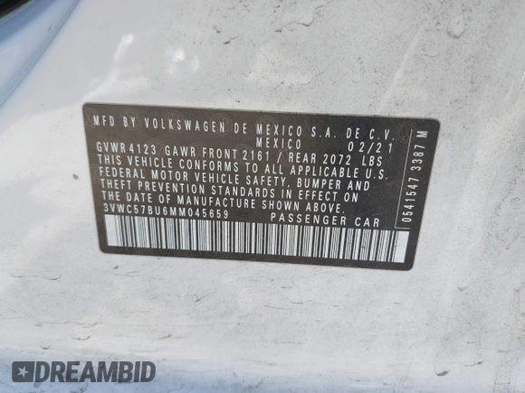 2021 Volkswagen Jetta S z VIN 3VWC57BU6MM045659, wystawiony jako IAAI lot #42201090 z przebiegiem 66 937 mil mil oraz . Historia ofert i sprzedaży dostępna na DreamBid. Obrazek 9.