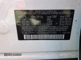 2018 Hyundai Santa Fe Ultimate with VIN 5NMZWDLA6JH095960, listed as a Copart auction lot 53760705 with 53,984 mi miles and Salvage title. Bid and sale history available at DreamBid. Image 14.