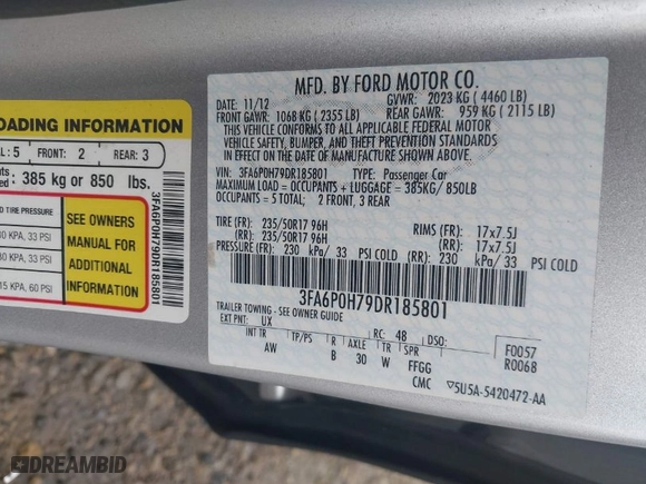2013 Ford Fusion SE with VIN 3FA6P0H79DR185801, listed as a IAAI auction lot 41947216 with 72,140 mi miles. Bid and sale history available at carsss.com. Image 9.
