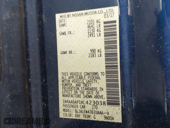 2017 Nissan Maxima S with VIN 1N4AA6AP1HC423038, listed as a IAAI auction lot 42384124 with 101,304 mi miles and . Bid and sale history available at DreamBid. Image 9.