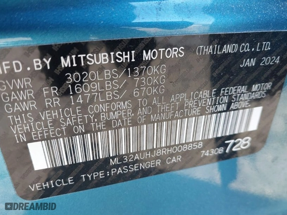 2024 Mitsubishi Mirage ES with VIN ML32AUHJ8RH008858, listed as a IAAI auction lot 41336077 with 6948 miles. Bid and sale history available at carsss.com. Image 9.