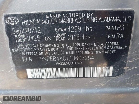 2013 Hyundai Sonata GLS with VIN 5NPEB4AC1DH607954, listed as a IAAI auction lot 42063892 with 116,306 mi miles and . Bid and sale history available at carsss.com. Image 9.