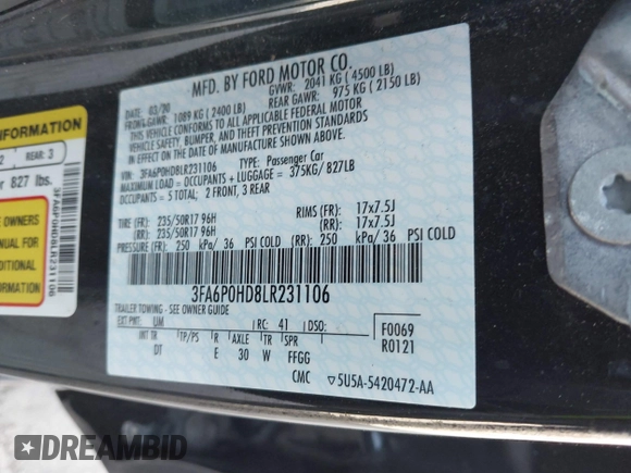 2020 Ford Fusion SE with VIN 3FA6P0HD8LR231106, listed as a IAAI auction lot 41755846 with 34,677 mi miles. Bid and sale history available at carsss.com. Image 9.