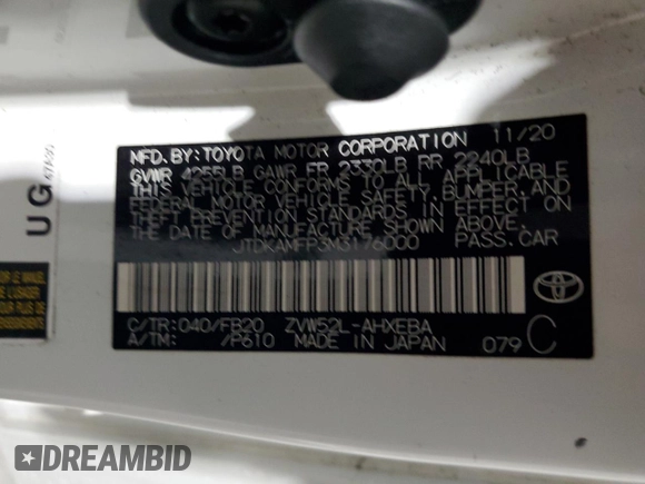 2021 Toyota Prius LE with VIN JTDKAMFP3M3176000, listed as a Copart auction lot 59836145 with 75,196 mi miles and Clean title. Bid and sale history available at DreamBid. Image 12.