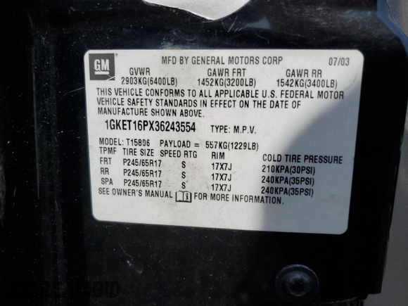 2003 GMC Envoy SLT z VIN 1GKET16PX36243554, wystawiony jako Copart lot #49083975 z przebiegiem 148 596 mil mil oraz Szkoda całkowita • Salvage title. Historia ofert i sprzedaży dostępna na DreamBid. Obrazek 15.