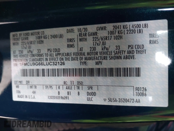 2020 Ford Escape SE z VIN 1FMCU9G66LUC32126, wystawiony jako IAAI lot #42313650 z przebiegiem 104 550 mil mil oraz . Historia ofert i sprzedaży dostępna na DreamBid. Obrazek 9.