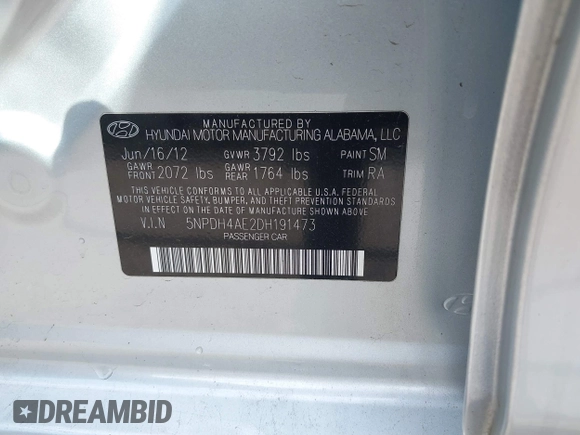 2013 Hyundai Elantra Limited with VIN 5NPDH4AE2DH191473, listed as a IAAI auction lot 41856481 with 54,705 mi miles and . Bid and sale history available at DreamBid. Image 9.
