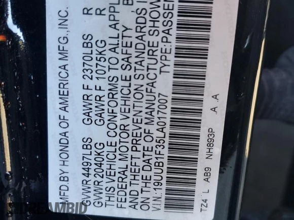 2020 Acura TLX with VIN 19UUB1F35LA017007, listed as a Copart auction lot 84523444 with 55,532 mi miles and Salvage title. Bid and sale history available at DreamBid. Image 12.
