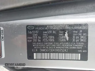 2007 Hyundai Santa Fe GLS z VIN 5NMSG73D47H075242, wystawiony jako IAAI lot #42346901 z przebiegiem 87 104 mil mil oraz . Historia ofert i sprzedaży dostępna na DreamBid. Obrazek 9.