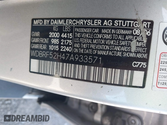 2007 Mercedes-Benz C 230 Sport with VIN WDBRF52H47A933571, listed as a IAAI auction lot 42168454 with 157,854 mi miles and . Bid and sale history available at DreamBid. Image 9.