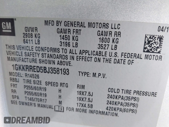 2011 GMC Acadia SLT1 with VIN 1GKKRRED5BJ358193, listed as a IAAI auction lot 41889390 with 164,010 mi miles. Bid and sale history available at carsss.com. Image 9.
