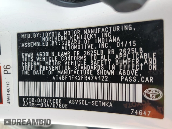 2015 Toyota Camry XLE with VIN 4T4BF1FK2FR474122, listed as a Copart auction lot 46443185 with 48,560 mi miles and Salvage Title. Bid and sale history available at carsss.com. Image 15.
