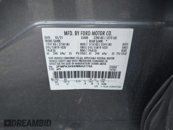 2021 Ford Edge Titanium z VIN 2FMPK3K9XMBA21766, wystawiony jako IAAI lot #42187940 z przebiegiem 79 732 mil mil oraz . Historia ofert i sprzedaży dostępna na DreamBid. Obrazek 9.